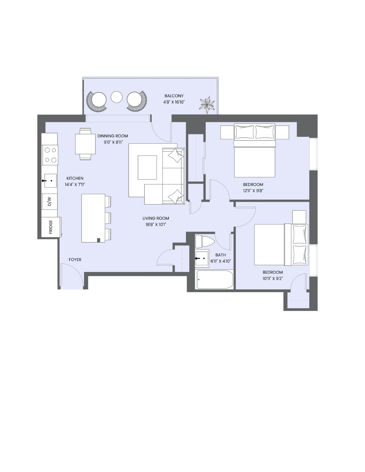 Floor plan for 2 beds, 1 bath, 722 sqft